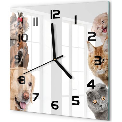 Horloge Murale Carrée en Verre Trempé Silencieuse Design Moderne Salon Cuisine Chiens et chats 30x30 cm (1/5)