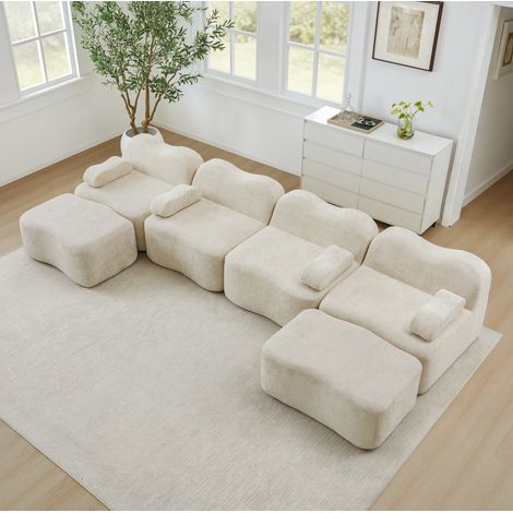 Divano modulare a U 4 posti in velluto beige con 2 pouf, design ondulato senza telaio (1/5)