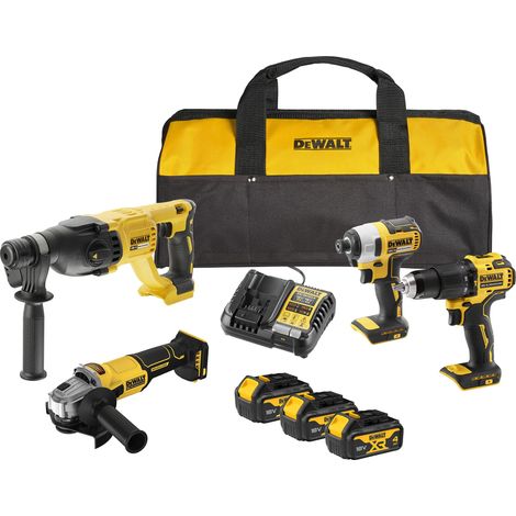 Kit Combiné 18V 4 Outils (Perceuse à Percussion Compacte, Visseuse à Impact, Marteau Rotatif SDS-Plus 18V, Meuleuse d’Angle 125mm) avec 3 Batteries 4Ah dans Sac Souple (1/5)