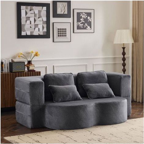 Canapé Convertible 198x60x76cm Velours Bleu Gris - Canapé-Lit - Mousse Haute Densité, 4 Coussins, Ergonomique, Moderne, Sans Montage (1/5)