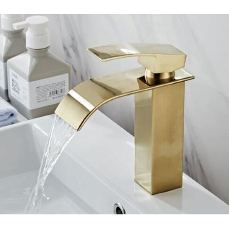Mélangeur de lavabo Robinet Mono-trou Mitigeur sur Lavabo Robinetterie Lave-mains avec Levier Unique en Cuivre Mélangeur à l'Eau Chaude et Froide- Or - RWMélangeur de lavabo (1/5)