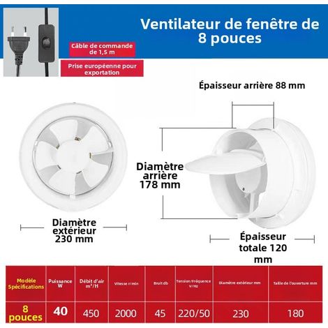 Ventilateur Extracteur d'air 230 mm , 2000tr/min 450m³/h, VMC , Débit D'Air Puissant DC Facile Installer Salle de Bain Lavoir Garage,8 pouces (1/4)