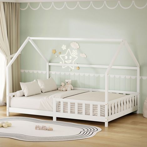 ML-Design Letto a Casetta per Bambini e Ragazzi 140x200 cm, Bianco, con Protezione Anticaduta, Tetto e Rete a Doghe, Struttura Montessori in Legno Massello di Pino, Letto a Terra per Adolescenti (1/5)