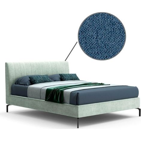 Letto matrimoniale colore blu con contenitore e testiera con cuciture verticali - Aki