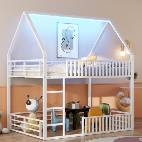 Bett Hochbett im Hausdesign 140x200 cm aus Metall Weiß mit Schutzzaun und LED-Licht (1/5)