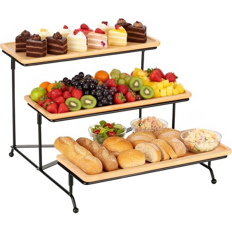 Plateau Repas 3 Étages, Plateau De Service Bois 28.9x12.5x1.2cm, Support Gateau, Support en Métal Noir, Plats Et Plateaux, Presentoir a Gateau, pour Buffet/Desserts/Fruits (1/5)