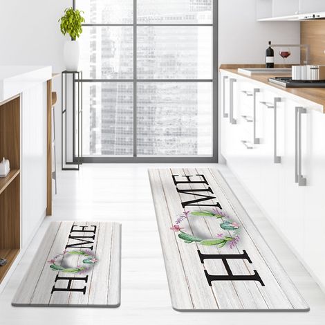 New PU leather kitchen mat, waterproof, oil-proof, stain-resistant, non-slip, suitable for home use, entryway, and front door - white base with wood grain - 40601.0CM