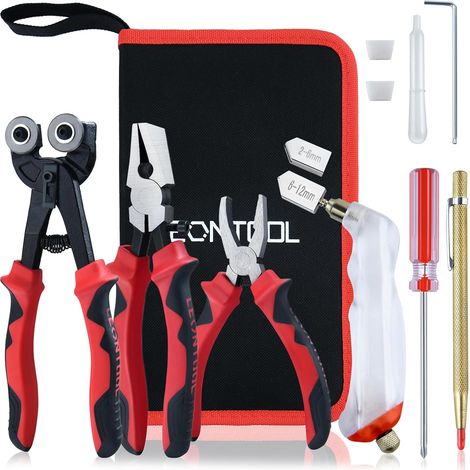 Kit de 9 pièces d'outils de coupe de verre à usage intensif avec pinces à briser et à courir et ciseaux à verre avec molette de coupe de rechange, stylet de gravure, kit de découpe de (1/5)