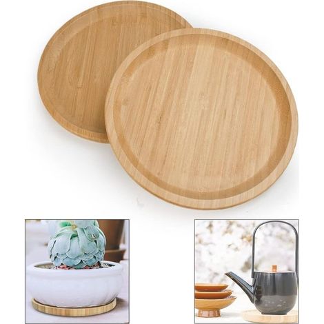 2 platillos de bambú, bandeja redonda de bambú de 20 cm, platillo de bambú para plantas, bandeja redonda para servir, platillo de madera para macetas, ideal para tazas, juegos de té, jarrones y aperit (1/5)