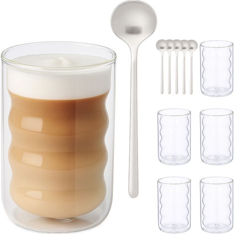 Relaxdays Vasos de Doble Pared para Latte Macchiato, Set 6, Vidrio, Cuchara, Forma Espiral, 350 ml, Café, Transparente (1/5)