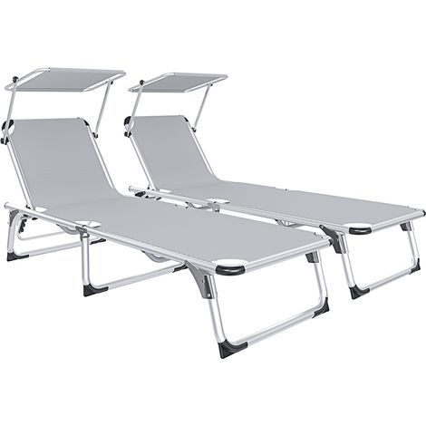 Coppia Di Lettini Pieghevoli Prendisole Tettuccio Parasole Schienale Reclinabile Regolabile 6 Posizioni Struttura In Alluminio Sedia Sdraio Spiaggia Mare Giardino Piscina 187 x 59 x 29 Cm (Gray)