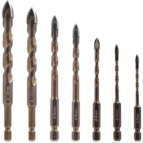 Juego de 7 brocas para azulejos con vástago hexagonal de 6,35 mm, diámetro de 3 a 12 mm, brocas universales para cerámica, metal, ladrillo, vidrio, plástico y madera. (1/5)