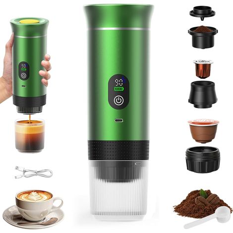 Cafetière Portable 3 en 1,Rechargeable Cafetière Portable de Voyage,12V Expresso Machine a Cafe pour Capsule,Café Moulu,pour Camping,Voyage,Bureau,Voiture,Maison, Vert