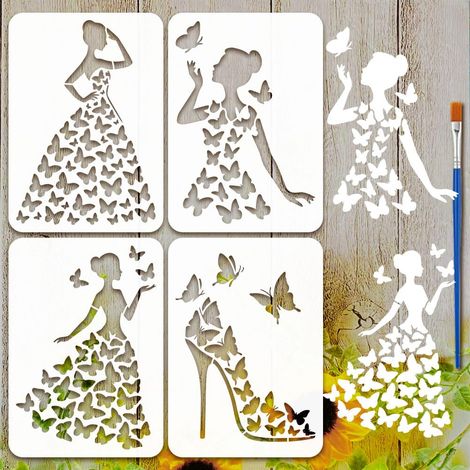 4Pcs Pochoir de Peinture Papillon Femelle Avec Pinceau en Plastique 21x29.7cm Modèle de Silhouette de Femme Robe Papillon Pochoir à Talons Hauts Modèle de Thème Fantastique pour Bois (1/5)