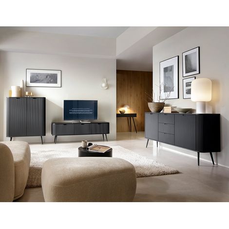 Wohnzimmer Set 4-teilig mit Lowboard, schwarz gerillt, Metallfüße schwarz, ZARA-160 (1/5)