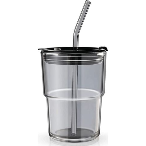 Gobelet Isotherme - Verre Épais 450 ml - Avec Paille En Verre Et Bouchon Hermétique - Pour Café Thé Jus Yaourt - 1 Pièce (1/5)