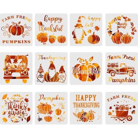 Pochoir Automne-12 Pièces Thanksgiving Pochoir Citrouille,pour le jour de l'Action de grâce,peinture sur bois,loisirs créatifs,cartes,toile(20x20cm),Moisson d'automne Modèle 12 (1/5)