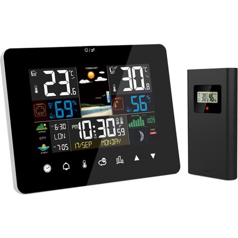 Stazione meteorologica wireless, stazione meteorologica con alba e tramonto, sveglia multifunzione, termometro, igrometro, funzionamento tramite touchscreen con sensore esterno wireless.