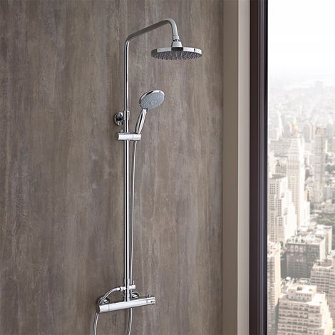 Hudson Reed – Colonne de douche thermostatique télescopique – Mitigeur en laiton chromé – Pommeau anticalcaire 20cm – Flexible inox 150cm – Hauteur ajustable 84-121cm (1/5)
