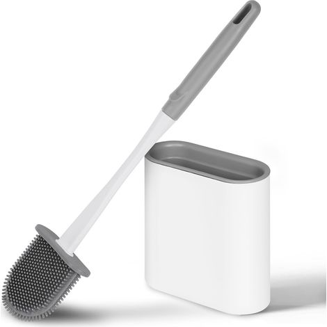 Brosse de Toilette, Brosse WC en Silicone Antibactérienne Balayette,Brosse de Toilettes à Séchage Rapide et Récipient pour Salle de Bain avec Support Murale (Blanc) (1/5)