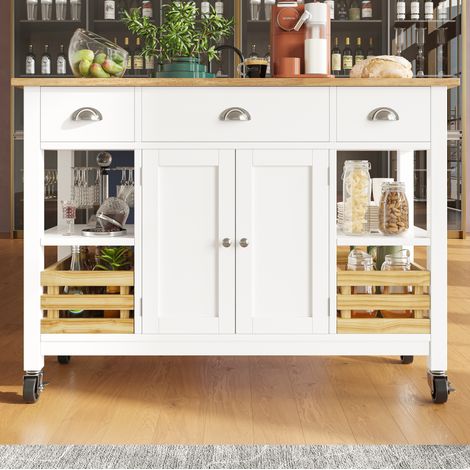 Carrito de cocina sobre ruedas 120x45x90 cm con bandeja abatible, cesta, cajón, en MDF y metal, blanco y natural (1/5)