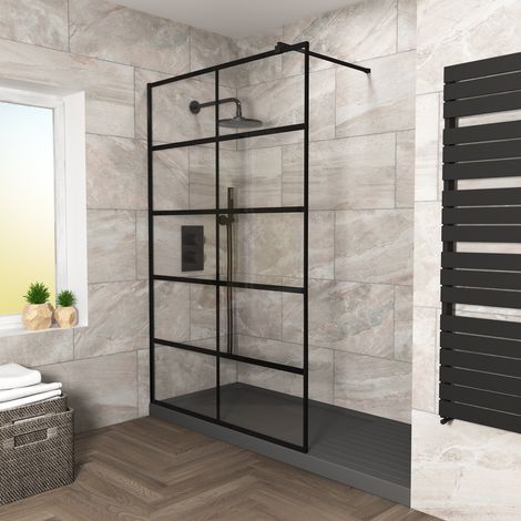 Stanley 900mm Black Grid Framed Walk-In Shower Enclosure with Support Bar (1/5)