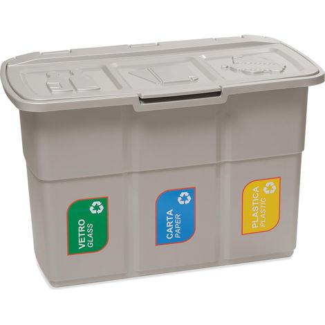 DEA HOME Ecopat Pattumiera per raccolta differenziata grigia 75x37x50h cm, 3 scomparti da 25 litri, con clip fermasacco, in plastica resistente riciclata, ideale per interni ed esterni