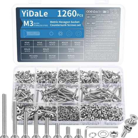 1260 Pcs Vis M3, Vis à Tête Plate, Vis à Tête Fraisée à Six Pans Creux avec écrous, Boulons et écrous, Boulon à Tête Hexagonale Creuse avec Rondelles (1260Pcs - M3) (1/5)
