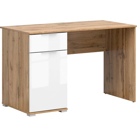 Bureau avec 1 portes et 1 tiroir coloris Chêne wotan/Blanc brillant - Longueur 120 x Profondeur 60 x Hauteur 76 cm (1/5)