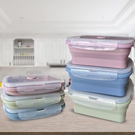 Lot de 3 boîtes lunch silicone pliables 800 ml, multicolores, stockage nourriture micro-ondes/congélateur