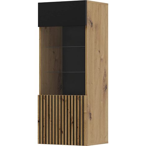 Bim Furniture – Vitrine suspendue AURIS 1D en chêne artisanal et noir mat – 5 étagères dont 2 en verre – Système push to open sans poignée