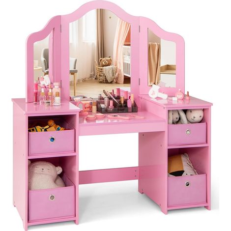 COSTWAY Toeletta Trucco 2 in 1 per Bambina, Specchiera Staccabile per Ragazza in Legno Robusto con 4 Cassetti in Tessuto e Specchio, Postazione Trucco per 3 Anni, 107 x 40 x 117 cm (Rosa) (1/5)