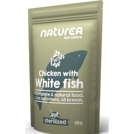 Naturea Cibo umido per gatti Bustina da 85 g - Sterilizzato Pollo con pesce bianco 85 g