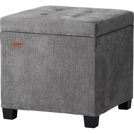 Carré Pouf Rangement Tabouret Structure en Acier recouverte de Chenille, Charge jusqu'à 350 kg Capacité 48 L Pouf Salon,ReposePieds avec Pieds et Couvercle Amovible Gris (1/5)
