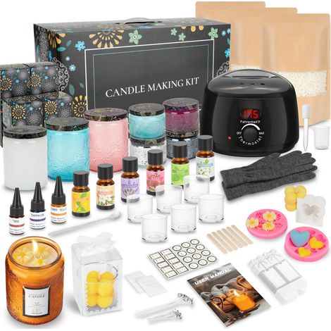 Kit de fabrication de bougies à faire soi-même, kit complet de bougies avec fondeur de cire électrique, 1200 g de cire de soja naturelle, huile essentielle, couleur de bougie, verres (1/5)