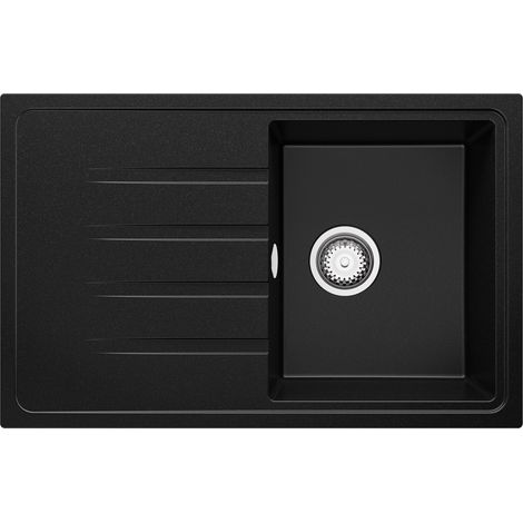 PRIMAGRAN Evier Cuisine en Granit 78x50cm, Lavabo 1 bac + Kit de Vidage, Évier à Encastrer au meuble 45cm - Milan, Noir