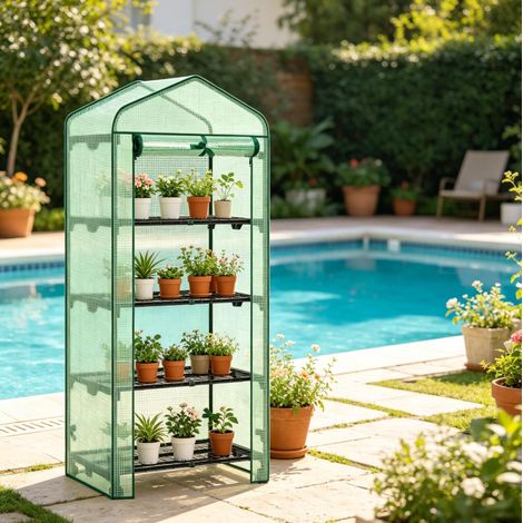 Invernadero mini de jardín de 4 estantes, con ruedas y puerta enrollable verde DESVIAE (1/5)