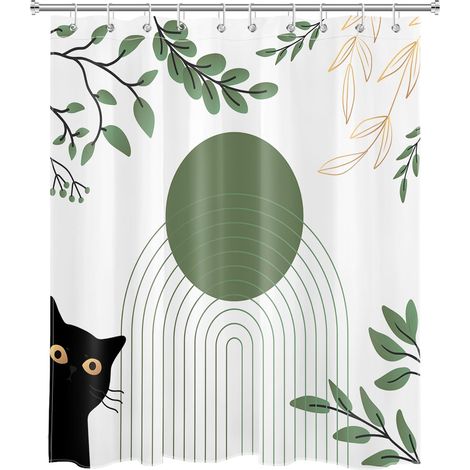 Moderne Milieu du siècle Rideaux de Douche 150x200cm Feuille rayée Vert Chat Noir Rideaux de Bain avec Crochets,Art Abstrait Extra Longue Imperméable Polyester Anti Moule Salle de Bain Décor (1/4)