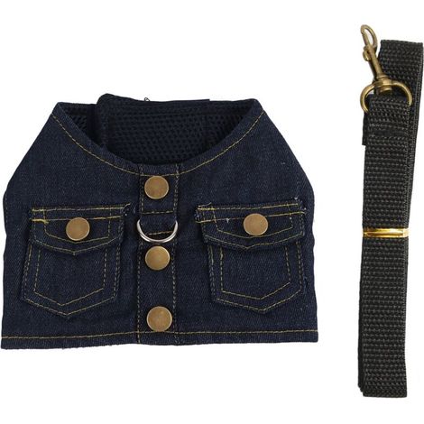 Jeffergarden Harnais en jean doux pour chien - Gilet confortable et respirant avec laisse en nylon - Taille S - Bleu foncé (1/5)