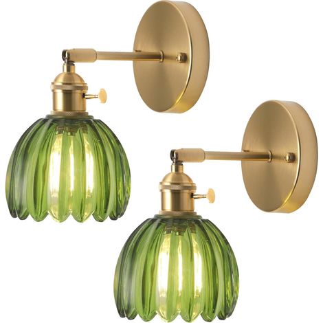 Lot de 2 Applique Murale Fleur Vintage Laiton Doré et Verre Vert avec Interrupteur Lampe Murale E27 Luminaire Murale pour Salle de Bain Chambre, vert (1/5)