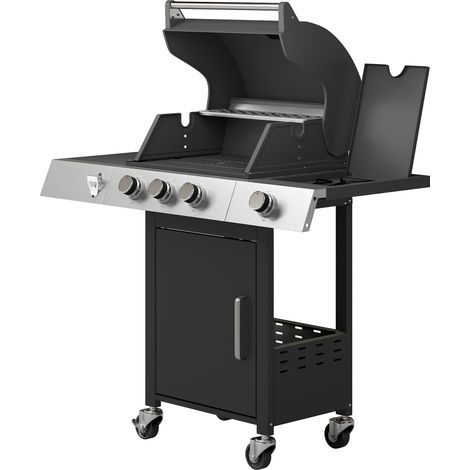 Barbecue à gaz de 10,5 kW, 3+1 brûleurs, avec chariot, construction en acier inoxydable, comprend une grille latérale, un ouvre-bouteille, un thermomètre et une grille en fonte. (1/4)