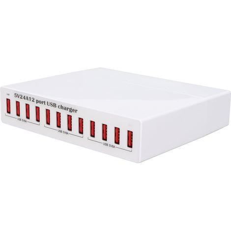 Station de charge USB 12 ports avec shunt intelligent, indicateur LED, reconnaissance automatique et prise 100-240 V.