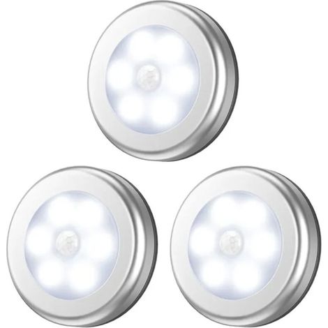 Lot de 3 veilleuses LED à piles avec détecteur de mouvement, appliques murales adhésives pour escalier et couloir, couleur argent (1/5)