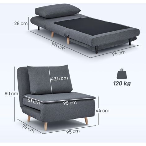 Canapé-lit convertible 3 positions, assise relevable, piètement bois de hêtre, coussin inclus, teinte grise, usage quotidien (1/5)