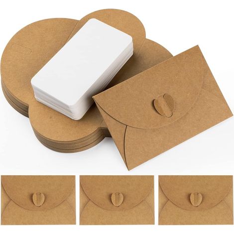 50 mini enveloppes avec cartes – papier cartonné vintage kraft, fermeture cœur, cartes vierges, 10,3x7 cm, pour cartes cadeaux remerciements