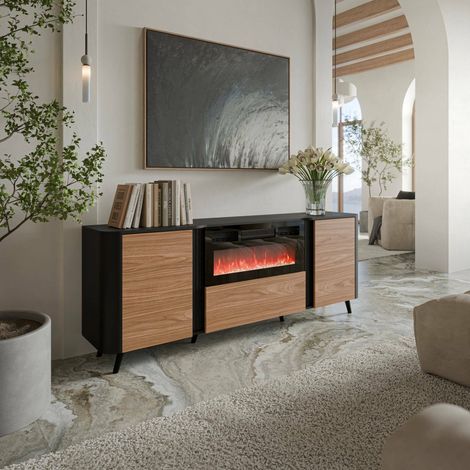 Briano Sideboard, Wohnzimmer-Sideboard mit zwei Flügeltüren, Klapptür und elektrischem Kamin, Vom Boden abgehoben, 191 x 40 x 69 cm, Schwarz und Walnuss (1/5)