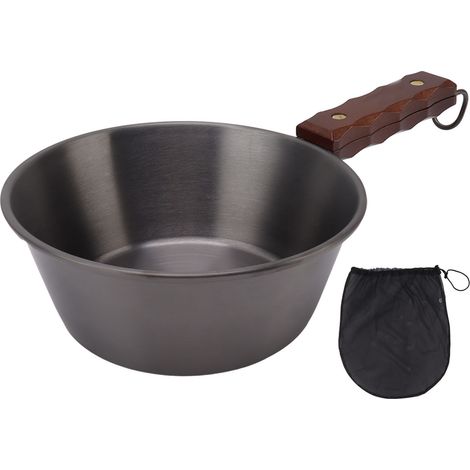 Poêle de camping en acier inoxydable 304, 2000 ml, manche en bois, sûre et portable pour la randonnée et les pique-niques, noire. (1/5)