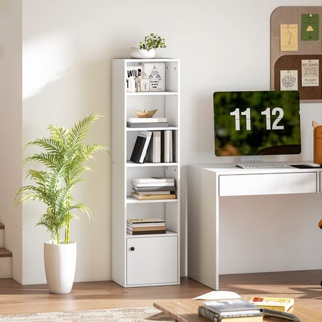 5-stöckiges Bücherregal, modernes Bücherregal mit offenen Fächern und Tür, 40 x 30 x 156 cm, Weiß