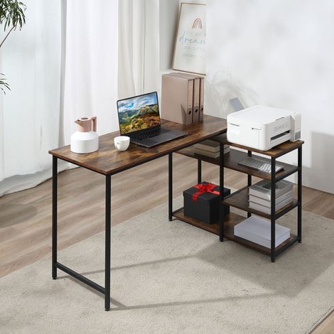 Schreibtisch in L-Form aus Holz und Metall 135 x 90 x 79 cm schwarz mit 3 Ablagen (1/5)