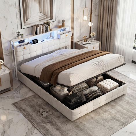 Letto contenitore per adulti 140x200 cm con rete a doghe a sollevamento idraulico - Letto imbottito in velluto bianco con LED RGB, porta USB e 2 cassetti nella testiera - Design moderno e chic